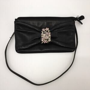 Brighton Clutch Mini Purse Bag Wristlet Floral Adorned Bow Black Leather Retired